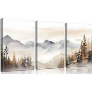 Neutral Mountain Wall Art Set Framed Abstract Forest Canvas for Living Room